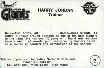1981 Valley National Bank Phoenix Giants #2 Harry Jordan Back