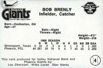 1981 Valley National Bank Phoenix Giants #4 Bob Brenly Back