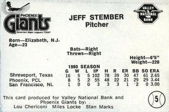 1981 Valley National Bank Phoenix Giants #5 Jeff Stember Back