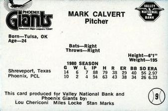 1981 Valley National Bank Phoenix Giants #9 Mark Calvert Back