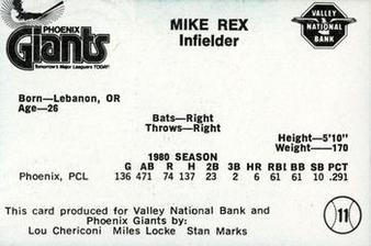 1981 Valley National Bank Phoenix Giants #11 Mike Rex Back