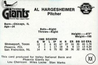 1981 Valley National Bank Phoenix Giants #13 Al Hargesheimer Back