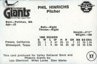 1981 Valley National Bank Phoenix Giants #17 Phil Hinrichs Back