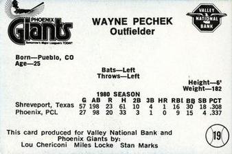 1981 Valley National Bank Phoenix Giants #19 Wayne Pechek Back