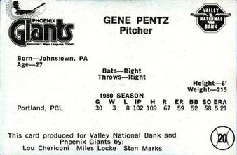 1981 Valley National Bank Phoenix Giants #20 Gene Pentz Back