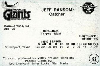 1981 Valley National Bank Phoenix Giants #22 Jeff Ransom Back