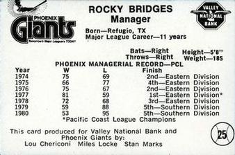 1981 Valley National Bank Phoenix Giants #25 Rocky Bridges Back