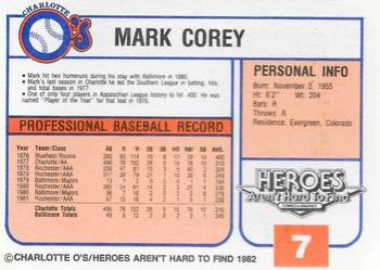 1982 Charlotte O's #NNO Mark Corey Back