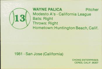 1982 Chong Modesto A's #13 Wayne Palica Back