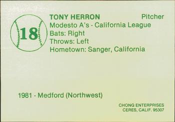 1982 Chong Modesto A's #18 Tony Herron Back