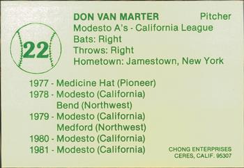 1982 Chong Modesto A's #22 Don Van Marter Back