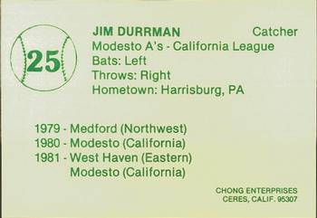 1982 Chong Modesto A's #25 Jim Durrman Back