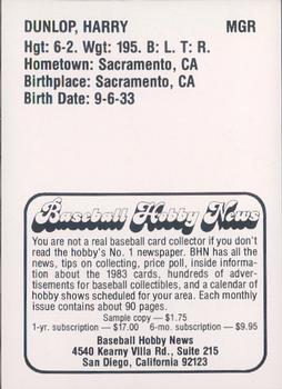 1983 Baseball Hobby News Las Vegas Stars #NNO Harry Dunlop Back
