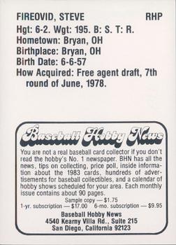 1983 Baseball Hobby News Las Vegas Stars #NNO Steve Fireovid Back