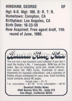 1983 Baseball Hobby News Las Vegas Stars #NNO George Hinshaw Back
