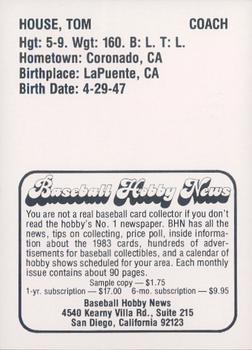 1983 Baseball Hobby News Las Vegas Stars #NNO Tom House Back