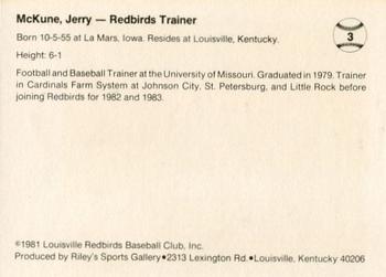 1983 Riley's Sports Gallery Louisville Redbirds #3 Jerry McKune Back