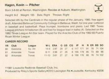 1983 Riley's Sports Gallery Louisville Redbirds #6 Kevin Hagen Back