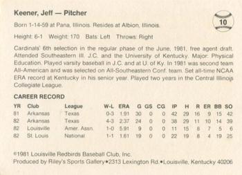 1983 Riley's Sports Gallery Louisville Redbirds #10 Jeff Keener Back