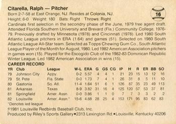 1983 Riley's Sports Gallery Louisville Redbirds #16 Ralph Citarella Back