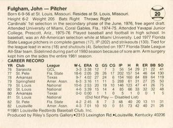 1983 Riley's Sports Gallery Louisville Redbirds #20 John Fulgham Back