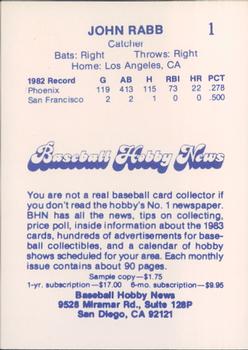 1983 Baseball Hobby News Phoenix Giants #1 John Rabb Back