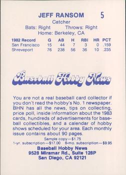 1983 Baseball Hobby News Phoenix Giants #5 Jeff Ransom Back