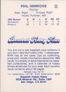 1983 Baseball Hobby News Phoenix Giants #11 Phil Hinrichs Back