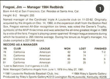 1984 Riley's Sports Gallery Louisville Redbirds #1 Jim Fregosi Back