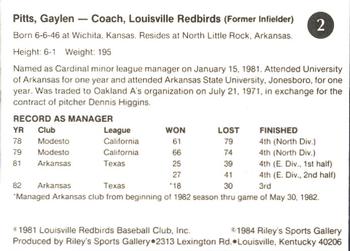 1984 Riley's Sports Gallery Louisville Redbirds #2 Gaylen Pitts Back
