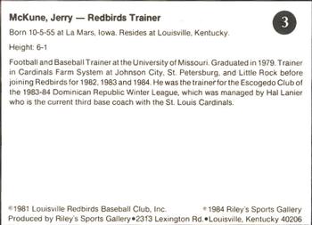1984 Riley's Sports Gallery Louisville Redbirds #3 Jerry McKune Back