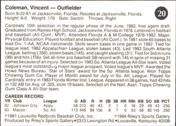 1984 Riley's Sports Gallery Louisville Redbirds #20 Vince Coleman Back