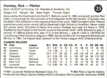 1984 Riley's Sports Gallery Louisville Redbirds #23 Rick Ownbey Back