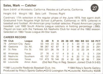 1984 Riley's Sports Gallery Louisville Redbirds #27 Mark Salas Back