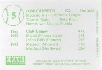 1984 Chong Modesto A's #5 Jose Canseco Back