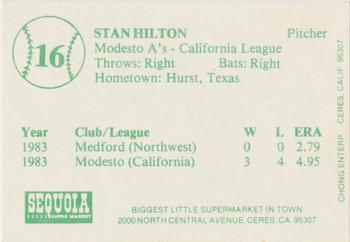 1984 Chong Modesto A's #16 Stan Hilton Back