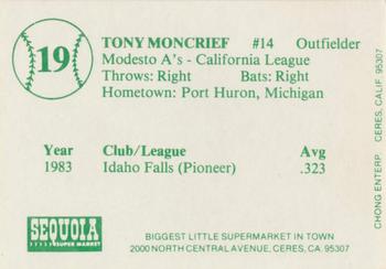 1984 Chong Modesto A's #19 Tony Moncrief Back