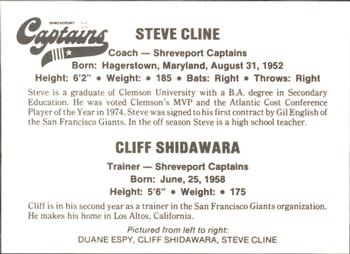 1984 First Base Shreveport Captains #NNO Duane Espy / Cliff Shidawara / Steve Cline Back