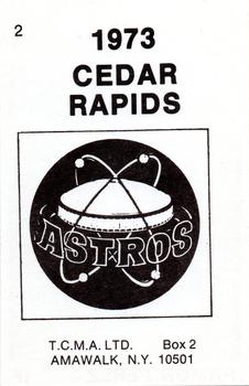 1973 TCMA Cedar Rapids Astros #2 Ramon Perez Back