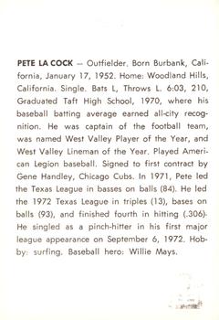 1973 J.P. Kelly Bank Wichita Aeros Baseball #NNO Pete LaCock Back