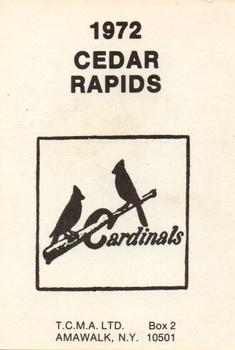 1972 TCMA Cedar Rapids Cardinals #1 Bill Pinkham Back