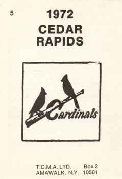 1972 TCMA Cedar Rapids Cardinals #5 Jethro Mills Back