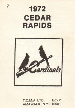 1972 TCMA Cedar Rapids Cardinals #7 Jim Gregory Back