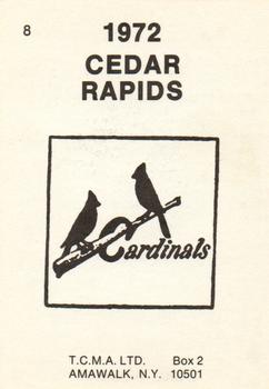 1972 TCMA Cedar Rapids Cardinals #8 Duke Wheeler Back