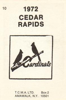 1972 TCMA Cedar Rapids Cardinals #10 Jim Dunham Back