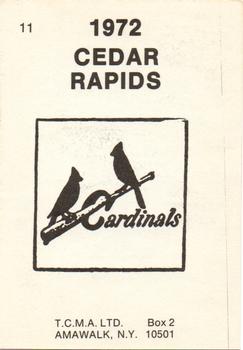 1972 TCMA Cedar Rapids Cardinals #11 Mike Carmuso Back