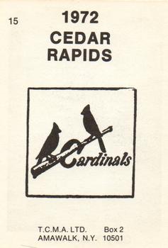 1972 TCMA Cedar Rapids Cardinals #15 Gary Trumbauer Back