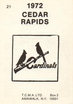 1972 TCMA Cedar Rapids Cardinals #21 Jim Silvey Back