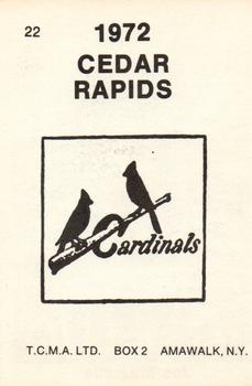 1972 TCMA Cedar Rapids Cardinals #22 Joe Mazzella Back