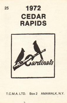 1972 TCMA Cedar Rapids Cardinals #25 Larry Aubel Back